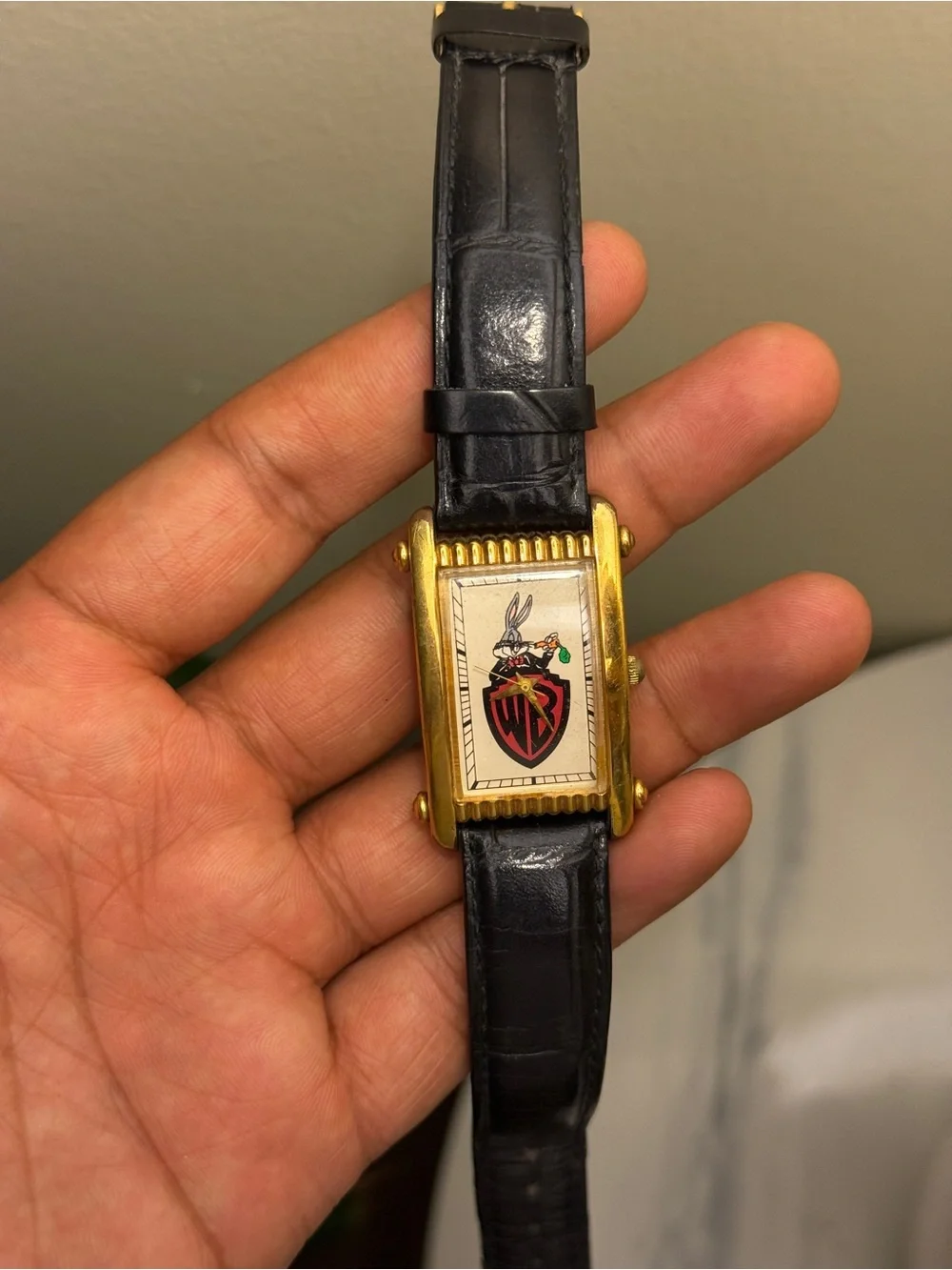 Warner Bros Vintage 1990s. Bugs Bunny Gold Tank Watch, black leather strap rare